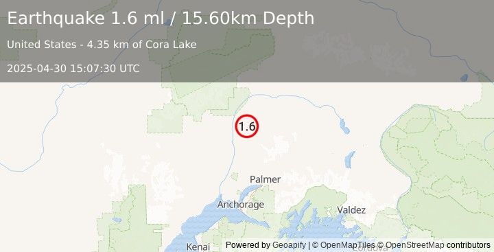 Earthquake 21 km ESE of Chase, Alaska (1.6 ml) (2025-04-30 15:07:30 UTC)