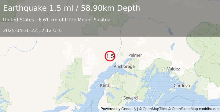 Earthquake 21 km W of Susitna, Alaska (1.5 ml) (2025-04-30 22:17:12 UTC)