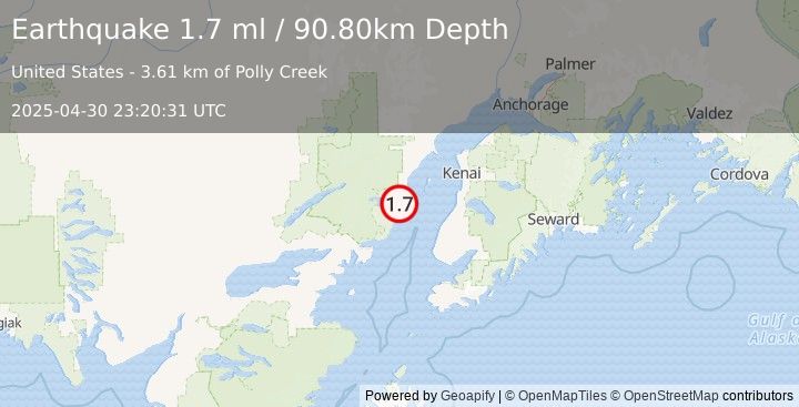 Earthquake 50 km WNW of Ninilchik, Alaska (1.7 ml) (2025-04-30 23:20:31 UTC)