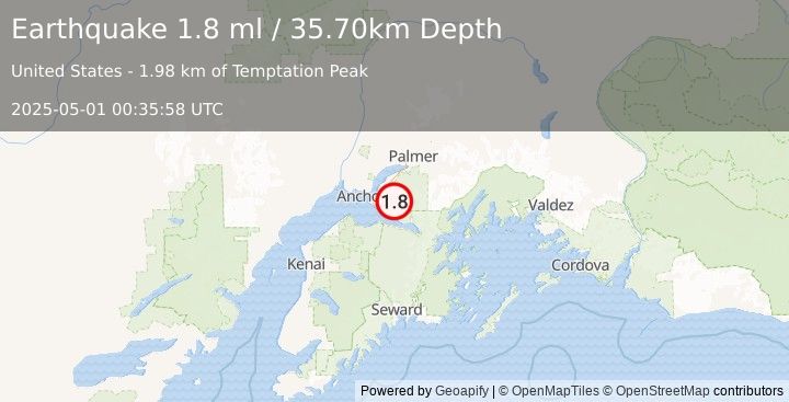 Earthquake 12 km SE of Elmendorf Air Force Base, Alaska (1.8 ml) (2025-05-01 00:35:58 UTC)