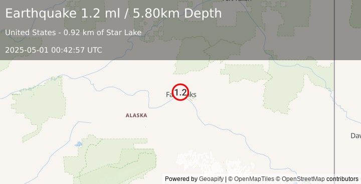 Earthquake 3 km SW of Farmers Loop, Alaska (1.2 ml) (2025-05-01 00:42:57 UTC)