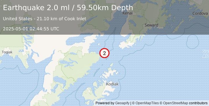 Earthquake 71 km WSW of Nanwalek, Alaska (2.0 ml) (2025-05-01 02:44:55 UTC)