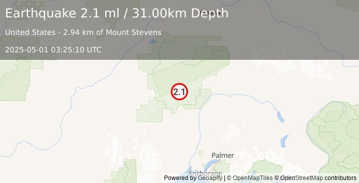 Earthquake 47 km NNW of Petersville, Alaska (2.1 ml) (2025-05-01 03:25:10 UTC)