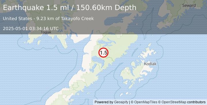 Earthquake 63 km SE of King Salmon, Alaska (1.5 ml) (2025-05-01 03:34:16 UTC)