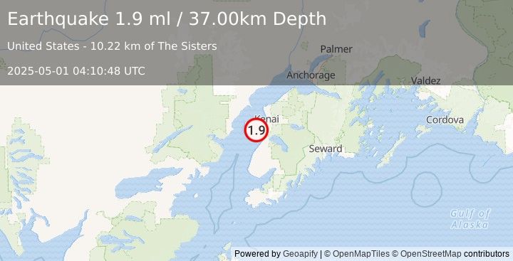 Earthquake 14 km W of Cohoe, Alaska (1.9 ml) (2025-05-01 04:10:48 UTC)