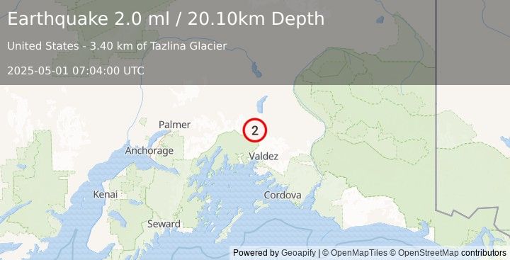Earthquake 45 km NNW of Valdez, Alaska (2.0 ml) (2025-05-01 07:04:00 UTC)