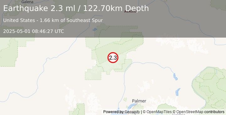 Earthquake 58 km N of Petersville, Alaska (2.3 ml) (2025-05-01 08:46:27 UTC)