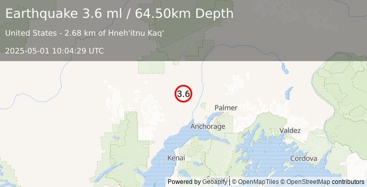 Earthquake 26 km ESE of Skwentna, Alaska (3.6 ml) (2025-05-01 10:04:29 UTC)