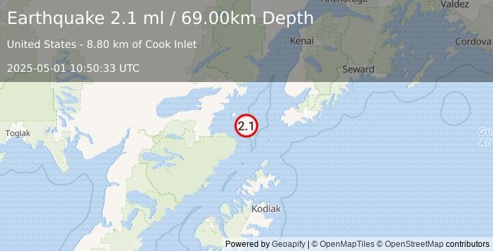 Earthquake 66 km WSW of Nanwalek, Alaska (2.1 ml) (2025-05-01 10:50:33 UTC)