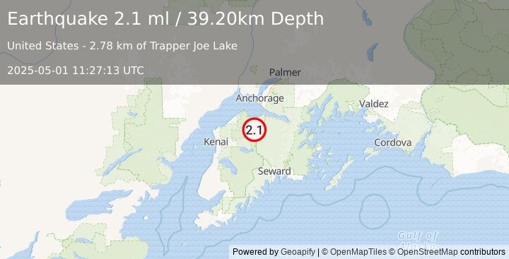 Earthquake 30 km NNW of Cooper Landing, Alaska (2.1 ml) (2025-05-01 11:27:13 UTC)