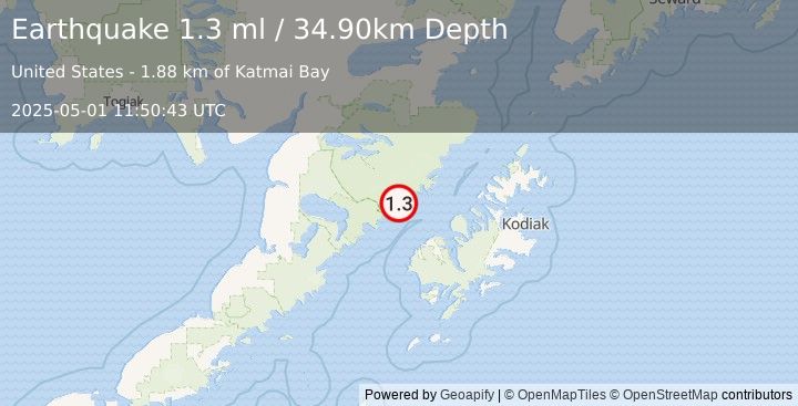 Earthquake 55 km NNW of Karluk, Alaska (1.3 ml) (2025-05-01 11:50:43 UTC)