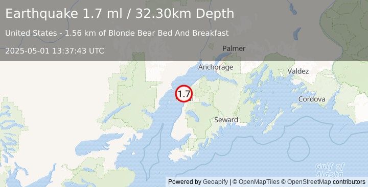 Earthquake 4 km SSE of Nikiski, Alaska (1.7 ml) (2025-05-01 13:37:43 UTC)