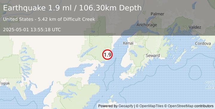Earthquake 62 km WNW of Happy Valley, Alaska (1.9 ml) (2025-05-01 13:55:18 UTC)