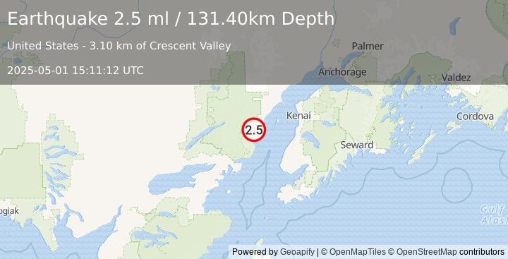 Earthquake 62 km WNW of Ninilchik, Alaska (2.5 ml) (2025-05-01 15:11:12 UTC)
