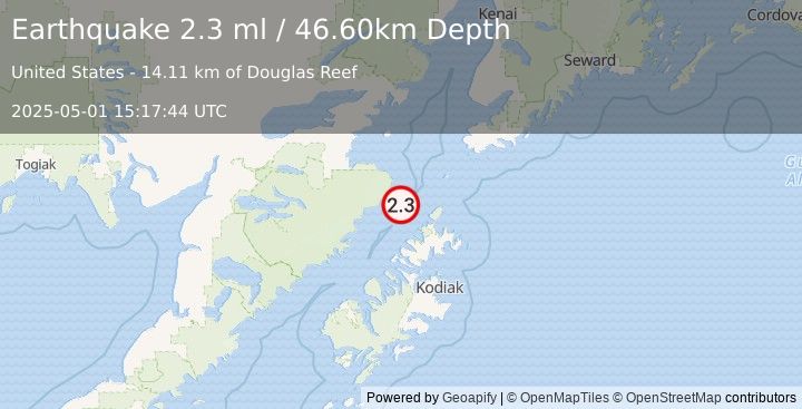 Earthquake 67 km NNW of Aleneva, Alaska (2.3 ml) (2025-05-01 15:17:44 UTC)