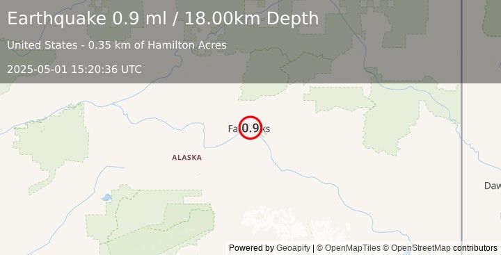 Earthquake 2 km ENE of Fairbanks, Alaska (0.9 ml) (2025-05-01 15:20:36 UTC)