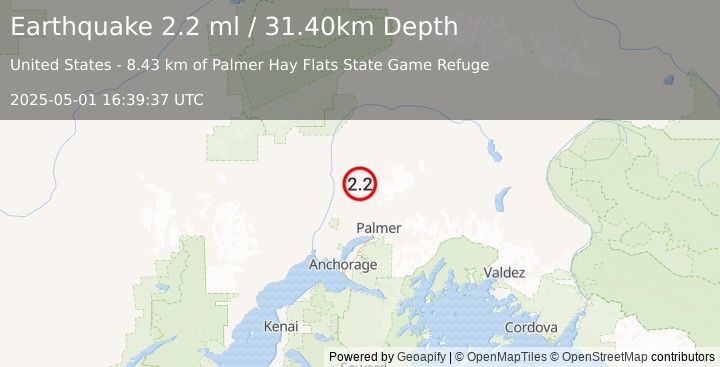 Earthquake 20 km SE of Susitna North, Alaska (2.2 ml) (2025-05-01 16:39:37 UTC)