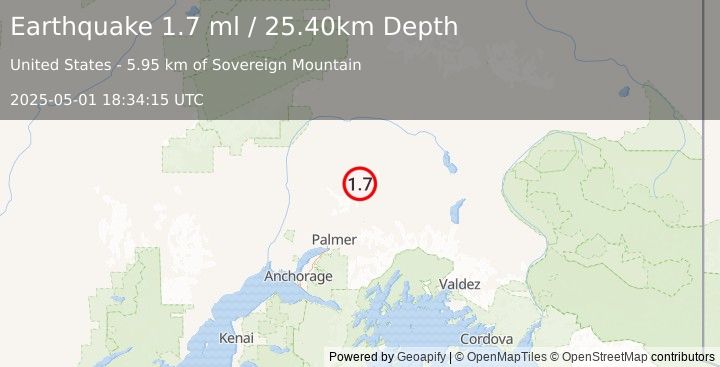 Earthquake 42 km N of Chickaloon, Alaska (1.7 ml) (2025-05-01 18:34:15 UTC)