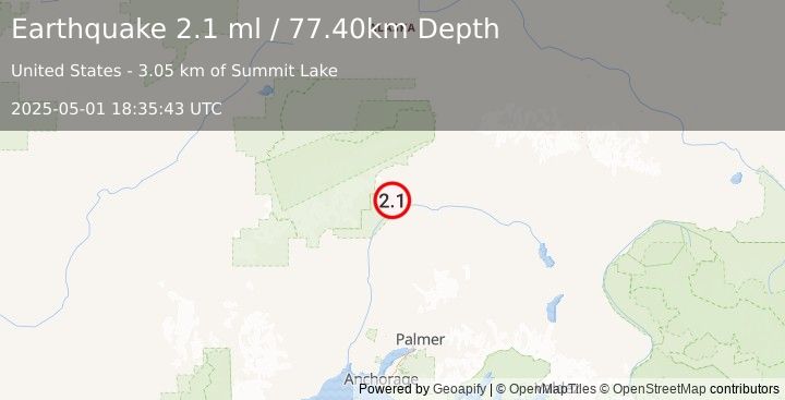 Earthquake 55 km NNE of Chase, Alaska (2.1 ml) (2025-05-01 18:35:43 UTC)