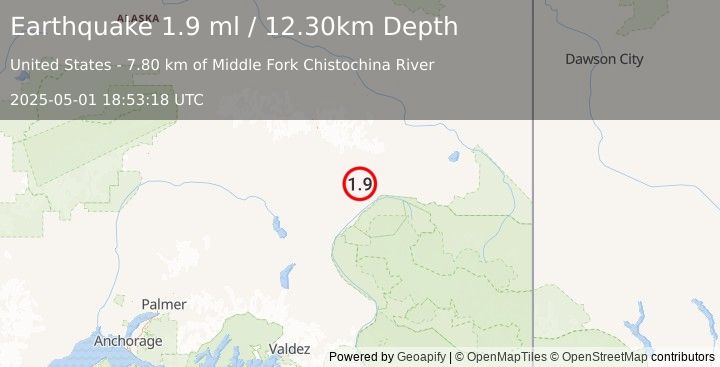 Earthquake 30 km NNW of Chistochina, Alaska (1.9 ml) (2025-05-01 18:53:18 UTC)