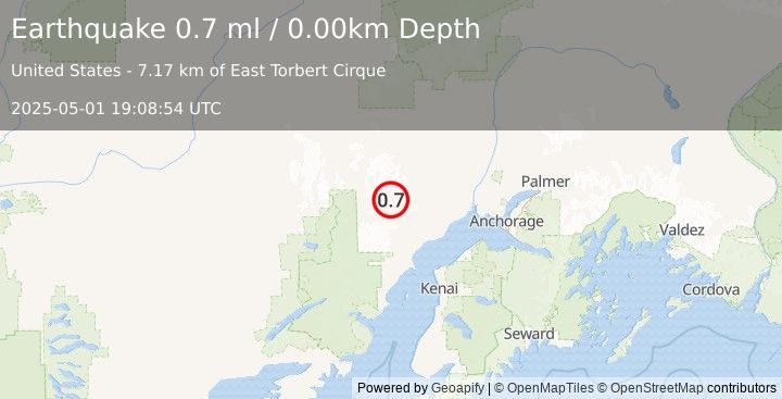 Earthquake 69 km WNW of Beluga, Alaska (0.7 ml) (2025-05-01 19:08:54 UTC)