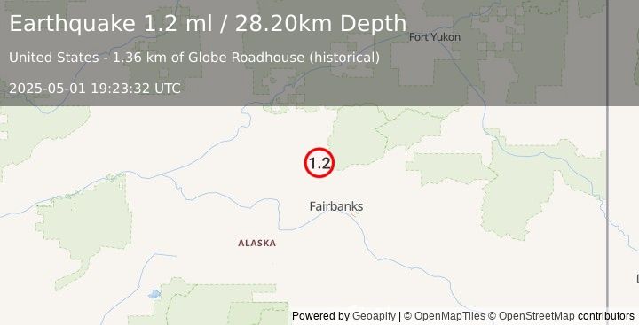 Earthquake 32 km SE of Livengood, Alaska (1.2 ml) (2025-05-01 19:23:32 UTC)