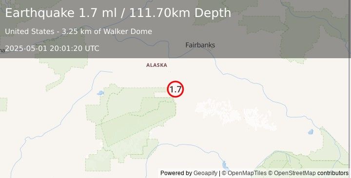 Earthquake 14 km NNE of Healy, Alaska (1.7 ml) (2025-05-01 20:01:20 UTC)