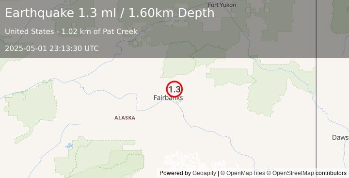 Earthquake 10 km ENE of Fox, Alaska (1.3 ml) (2025-05-01 23:13:30 UTC)