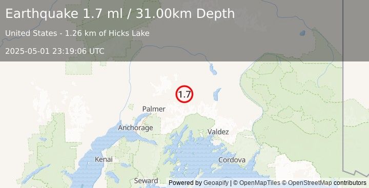 Earthquake 12 km NW of Glacier View, Alaska (1.7 ml) (2025-05-01 23:19:06 UTC)