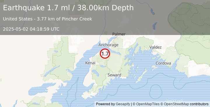 Earthquake 27 km W of Hope, Alaska (1.7 ml) (2025-05-02 04:18:59 UTC)