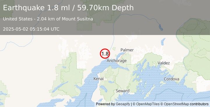 Earthquake 16 km WSW of Susitna, Alaska (1.8 ml) (2025-05-02 05:15:04 UTC)