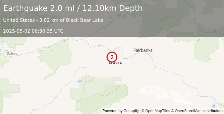 Earthquake 37 km W of Four Mile Road, Alaska (2.0 ml) (2025-05-02 06:30:35 UTC)