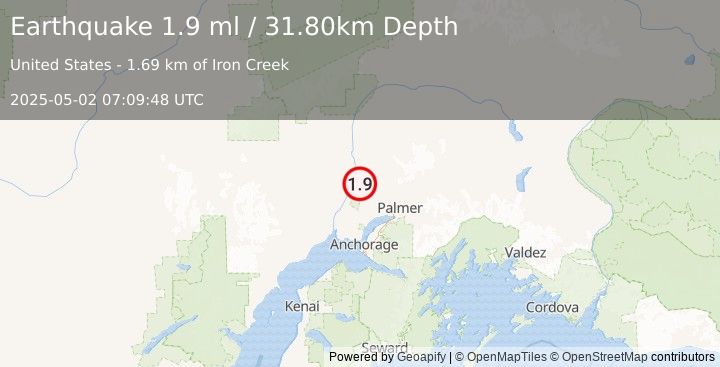 Earthquake 11 km NNE of Willow, Alaska (1.9 ml) (2025-05-02 07:09:48 UTC)