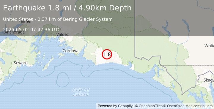 Earthquake 115 km S of McCarthy, Alaska (1.8 ml) (2025-05-02 07:42:36 UTC)