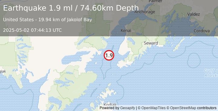 Earthquake 39 km WSW of Anchor Point, Alaska (1.9 ml) (2025-05-02 07:44:13 UTC)
