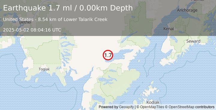 Earthquake 31 km NNE of Igiugig, Alaska (1.7 ml) (2025-05-02 08:04:16 UTC)