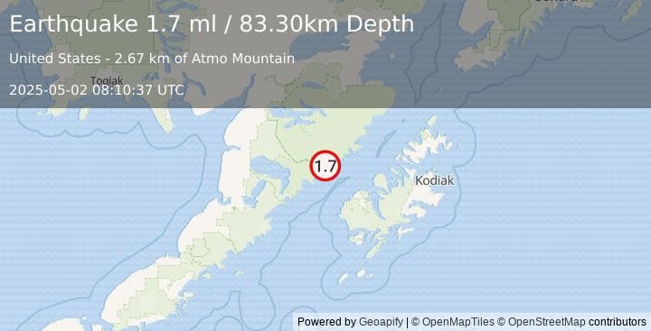 Earthquake 58 km NW of Karluk, Alaska (1.7 ml) (2025-05-02 08:10:37 UTC)