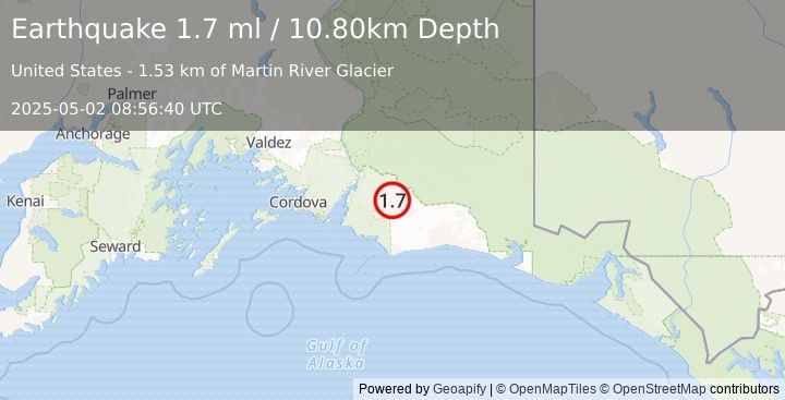 Earthquake 104 km E of Cordova, Alaska (1.7 ml) (2025-05-02 08:56:40 UTC)
