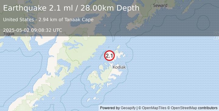 Earthquake 22 km NNW of Aleneva, Alaska (2.1 ml) (2025-05-02 09:08:32 UTC)