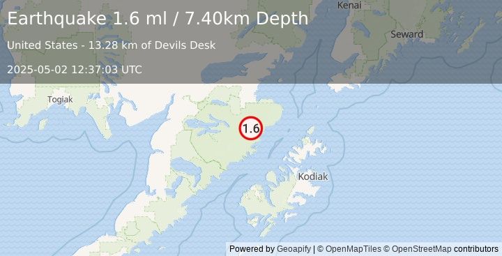 Earthquake 97 km SSE of Kokhanok, Alaska (1.6 ml) (2025-05-02 12:37:03 UTC)