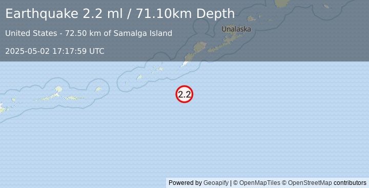Earthquake 83 km S of Nikolski, Alaska (2.2 ml) (2025-05-02 17:17:59 UTC)