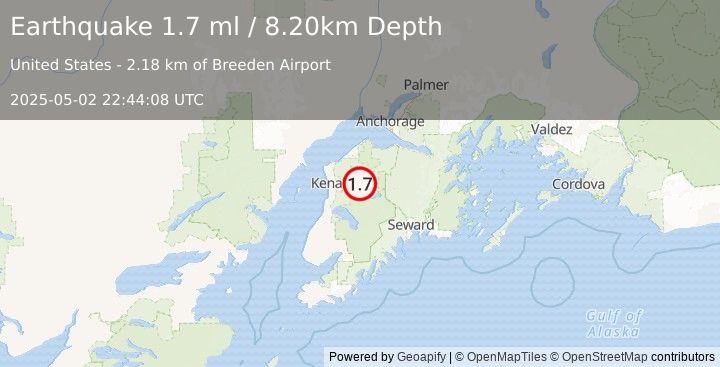 Earthquake 11 km E of Sterling, Alaska (1.7 ml) (2025-05-02 22:44:08 UTC)