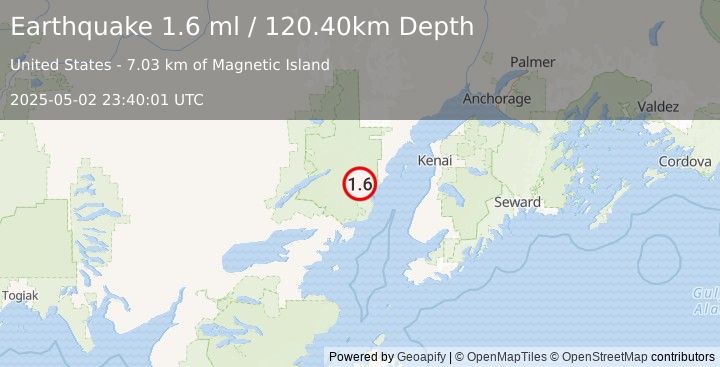 Earthquake 73 km WNW of Ninilchik, Alaska (1.6 ml) (2025-05-02 23:40:01 UTC)