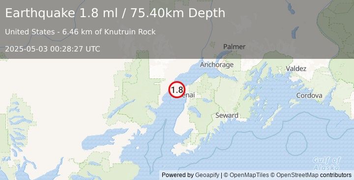Earthquake 19 km WNW of Salamatof, Alaska (1.8 ml) (2025-05-03 00:28:27 UTC)