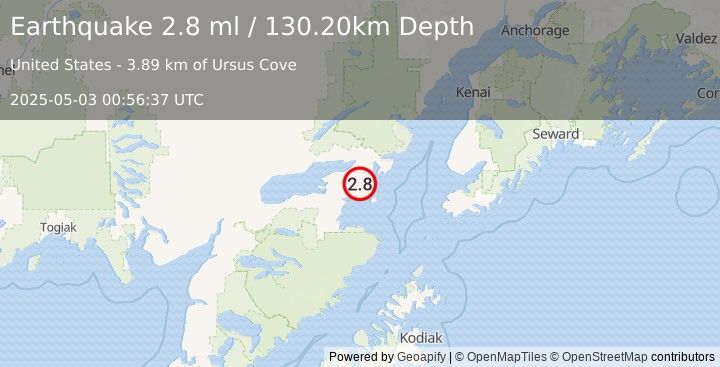 Earthquake 33 km SE of Pedro Bay, Alaska (2.8 ml) (2025-05-03 00:56:37 UTC)