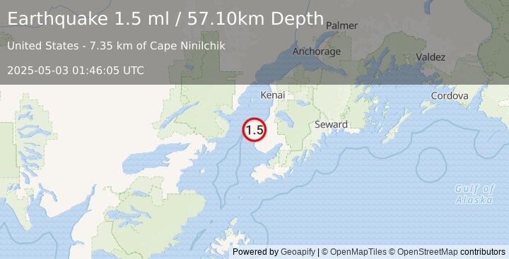 Earthquake 9 km NNW of Happy Valley, Alaska (1.5 ml) (2025-05-03 01:46:05 UTC)