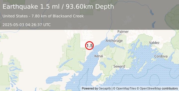 Earthquake 50 km W of Tyonek, Alaska (1.5 ml) (2025-05-03 04:26:37 UTC)