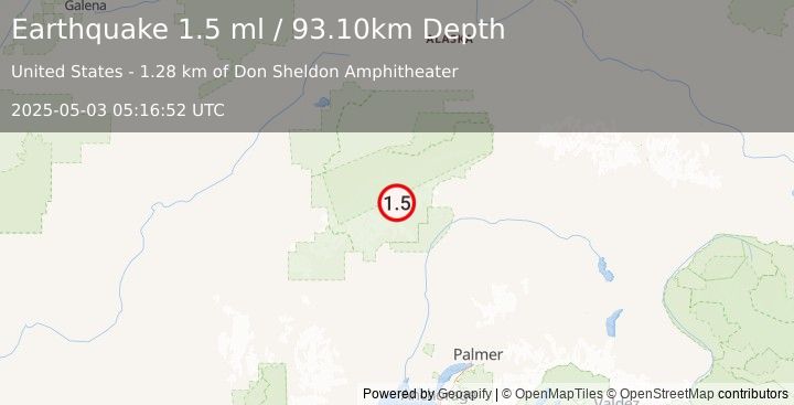 Earthquake 56 km N of Petersville, Alaska (1.5 ml) (2025-05-03 05:16:52 UTC)