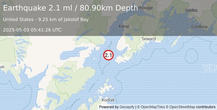 Earthquake 30 km WNW of Nanwalek, Alaska (2.1 ml) (2025-05-03 05:41:26 UTC)