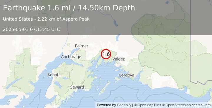 Earthquake 54 km WNW of Valdez, Alaska (1.6 ml) (2025-05-03 07:13:45 UTC)